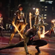 Spider-Man drops to the ground in front of Nico Minoru, Blade, Ghost Rider, and Magik.
